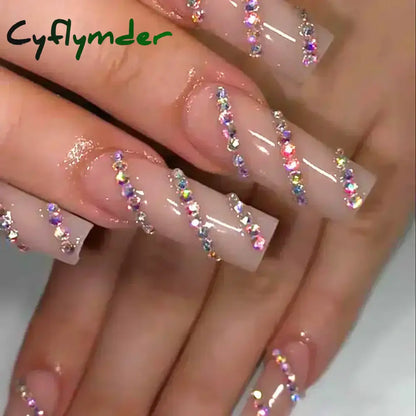 Cyflymder 24Pcs Full Cover False Nails Pink Full Rhinestone Bow Long French Coffin Nail Tips Detachable Fake Nail Press on Nails Manicure