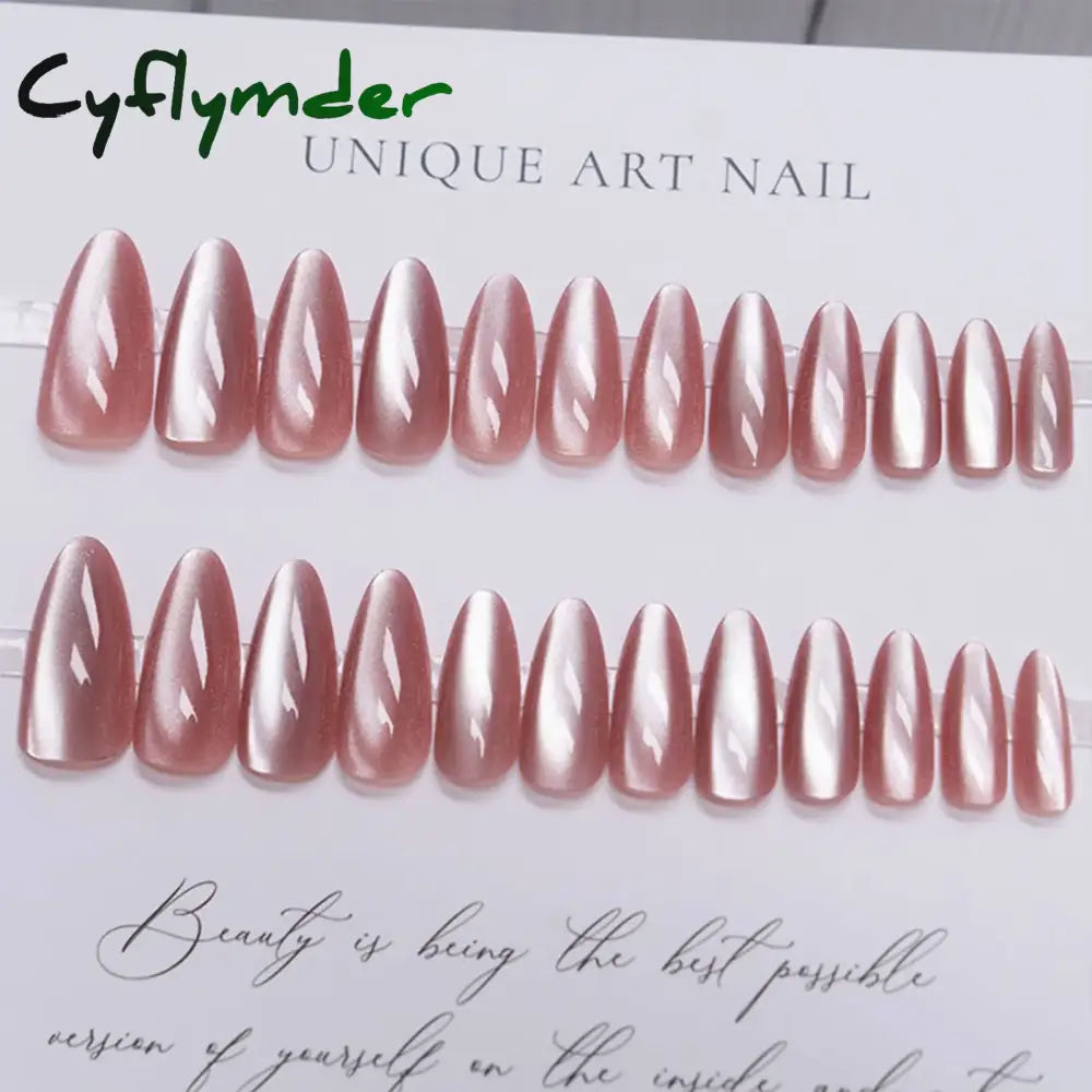 Cyflymder 24pcs Glitter Fake Nails Purple Shiny Cat Eye Press On Nails Almond Head Manicure Nail Tips Pink/Blue False Nail Patch For Girl