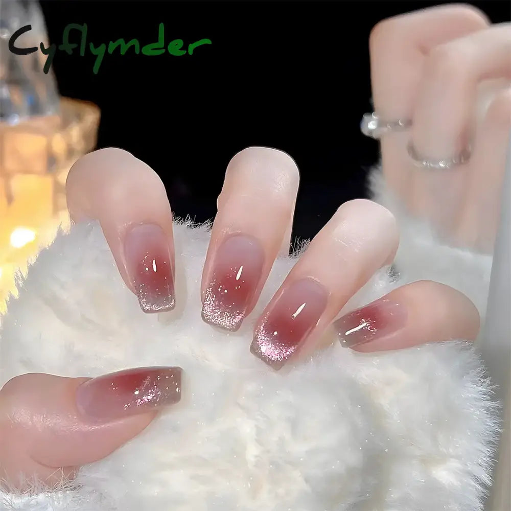 Cyflymder 24pcs Glitter Fake Nails Purple Shiny Cat Eye Press On Nails Almond Head Manicure Nail Tips Pink/Blue False Nail Patch For Girl