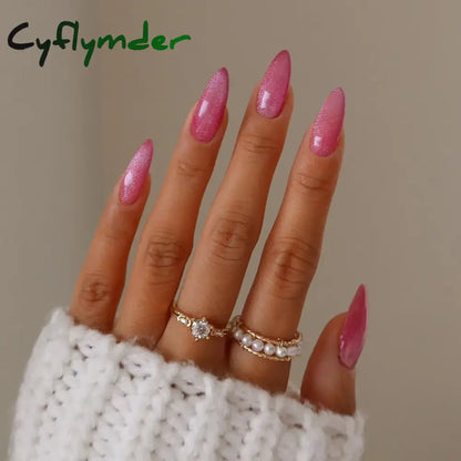 Cyflymder 24pcs Glitter Fake Nails Purple Shiny Cat Eye Press On Nails Almond Head Manicure Nail Tips Pink/Blue False Nail Patch For Girl