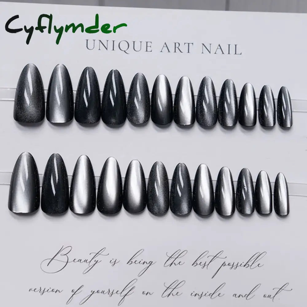 Cyflymder 24pcs Glitter Fake Nails Purple Shiny Cat Eye Press On Nails Almond Head Manicure Nail Tips Pink/Blue False Nail Patch For Girl