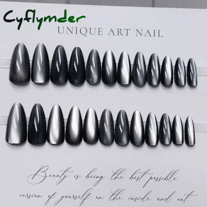 Cyflymder 24pcs Glitter Fake Nails Purple Shiny Cat Eye Press On Nails Almond Head Manicure Nail Tips Pink/Blue False Nail Patch For Girl