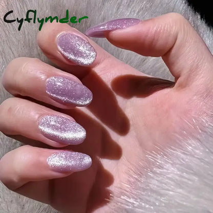 Cyflymder 24pcs Glitter Fake Nails Purple Shiny Cat Eye Press On Nails Almond Head Manicure Nail Tips Pink/Blue False Nail Patch For Girl