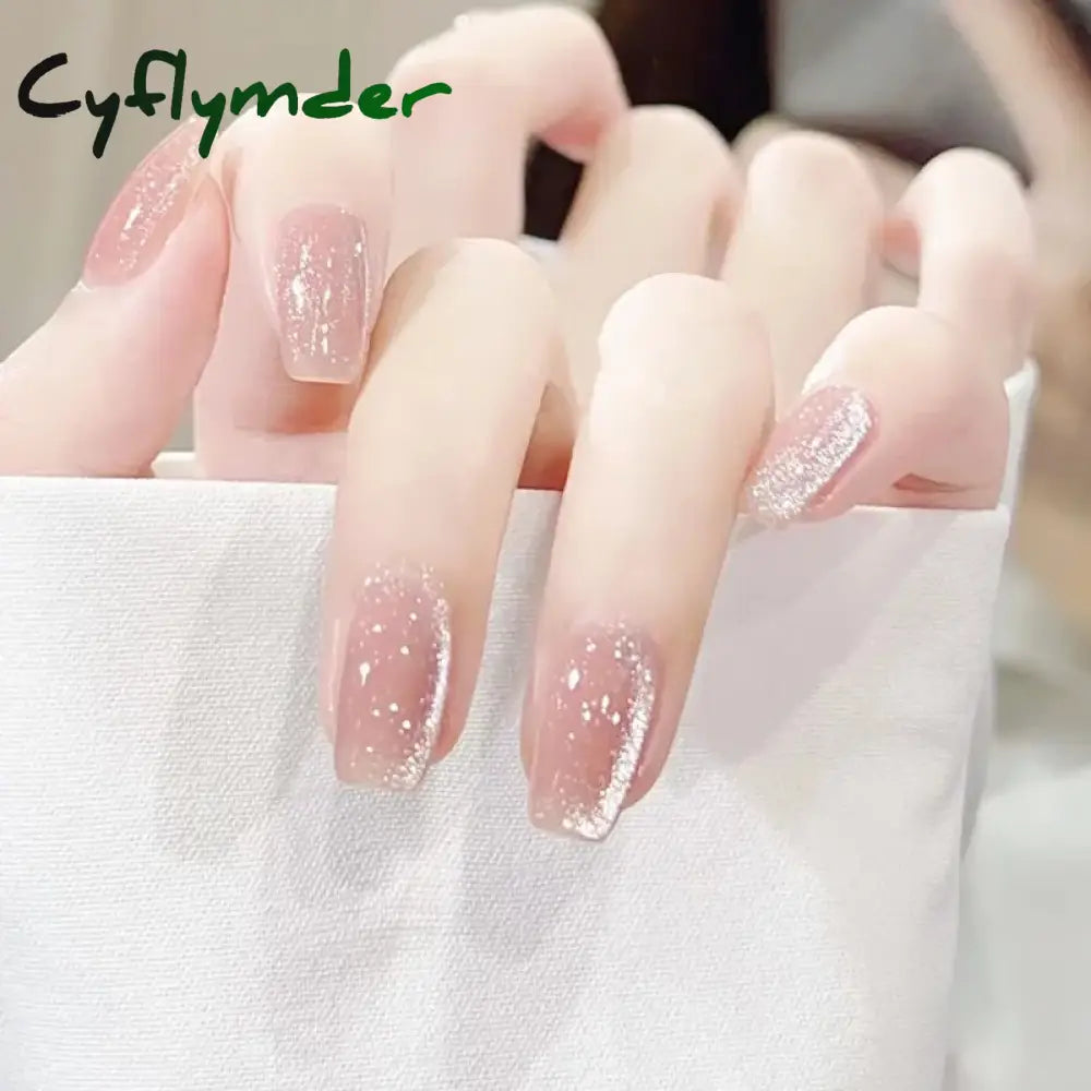 Cyflymder 24pcs Glitter Fake Nails Purple Shiny Cat Eye Press On Nails Almond Head Manicure Nail Tips Pink/Blue False Nail Patch For Girl