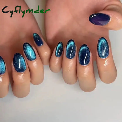 Cyflymder 24pcs Glitter Fake Nails Purple Shiny Cat Eye Press On Nails Almond Head Manicure Nail Tips Pink/Blue False Nail Patch For Girl