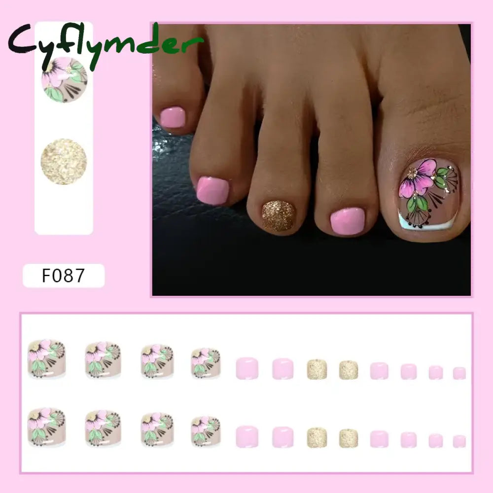 Cyflymder 24pcs Glitter Sequins Fake Toenails Simple Wearable False Toenails for Girls Women Acrylic Foot Nail Tips Full Cover Reusable