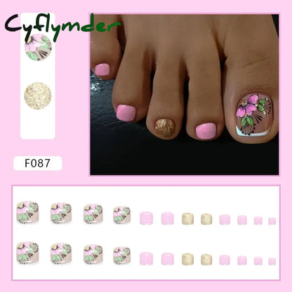 Cyflymder 24pcs Glitter Sequins Fake Toenails Simple Wearable False Toenails for Girls Women Acrylic Foot Nail Tips Full Cover Reusable