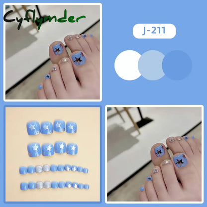 Cyflymder 24pcs Glitter Sequins Fake Toenails Simple Wearable False Toenails for Girls Women Acrylic Foot Nail Tips Full Cover Reusable