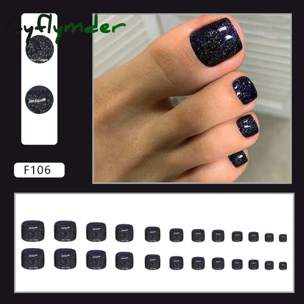 Cyflymder 24pcs Glitter Sequins Fake Toenails Simple Wearable False Toenails for Girls Women Acrylic Foot Nail Tips Full Cover Reusable