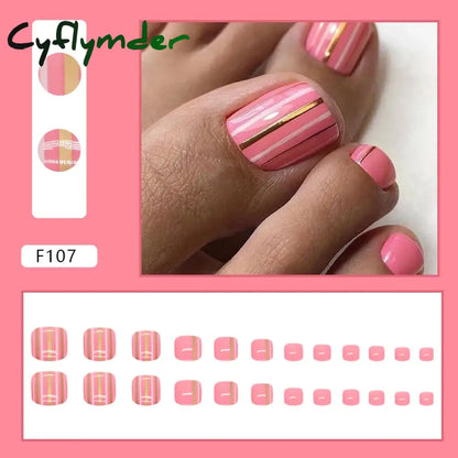Cyflymder 24pcs Glitter Sequins Fake Toenails Simple Wearable False Toenails for Girls Women Acrylic Foot Nail Tips Full Cover Reusable