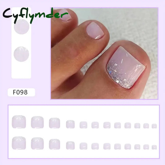 Cyflymder 24pcs Glitter Sequins Fake Toenails Simple Wearable False Toenails for Girls Women Acrylic Foot Nail Tips Full Cover Reusable
