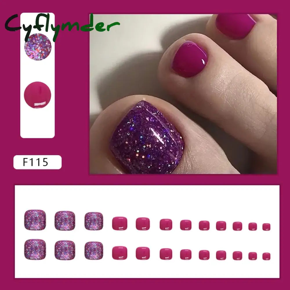 Cyflymder 24pcs Glitter Sequins Fake Toenails Simple Wearable False Toenails for Girls Women Acrylic Foot Nail Tips Full Cover Reusable