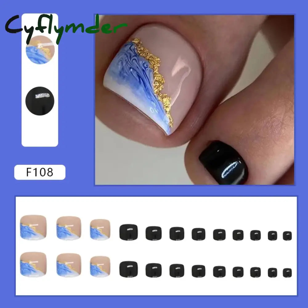 Cyflymder 24pcs Glitter Sequins Fake Toenails Simple Wearable False Toenails for Girls Women Acrylic Foot Nail Tips Full Cover Reusable
