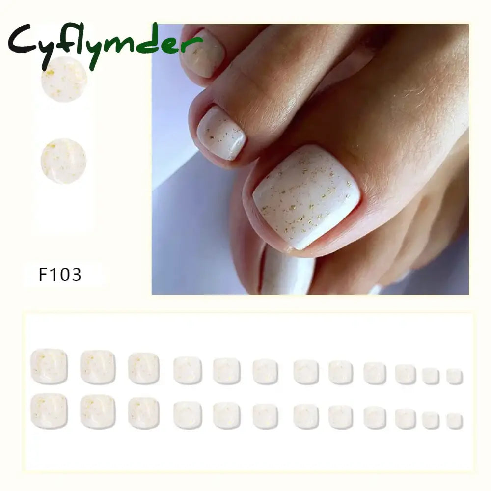 Cyflymder 24pcs Glitter Sequins Fake Toenails Simple Wearable False Toenails for Girls Women Acrylic Foot Nail Tips Full Cover Reusable