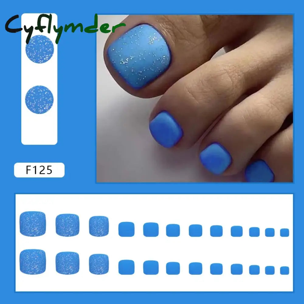 Cyflymder 24pcs Glitter Sequins Fake Toenails Simple Wearable False Toenails for Girls Women Acrylic Foot Nail Tips Full Cover Reusable