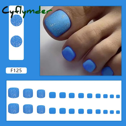 Cyflymder 24pcs Glitter Sequins Fake Toenails Simple Wearable False Toenails for Girls Women Acrylic Foot Nail Tips Full Cover Reusable