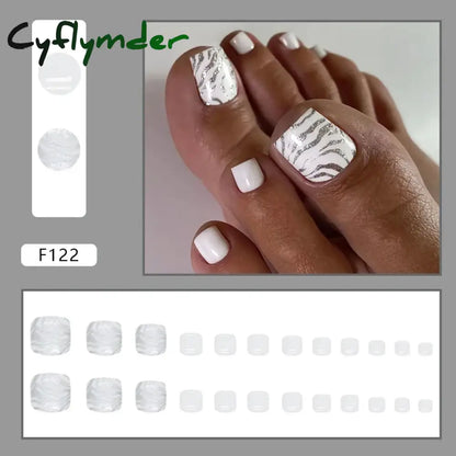 Cyflymder 24pcs Glitter Sequins Fake Toenails Simple Wearable False Toenails for Girls Women Acrylic Foot Nail Tips Full Cover Reusable