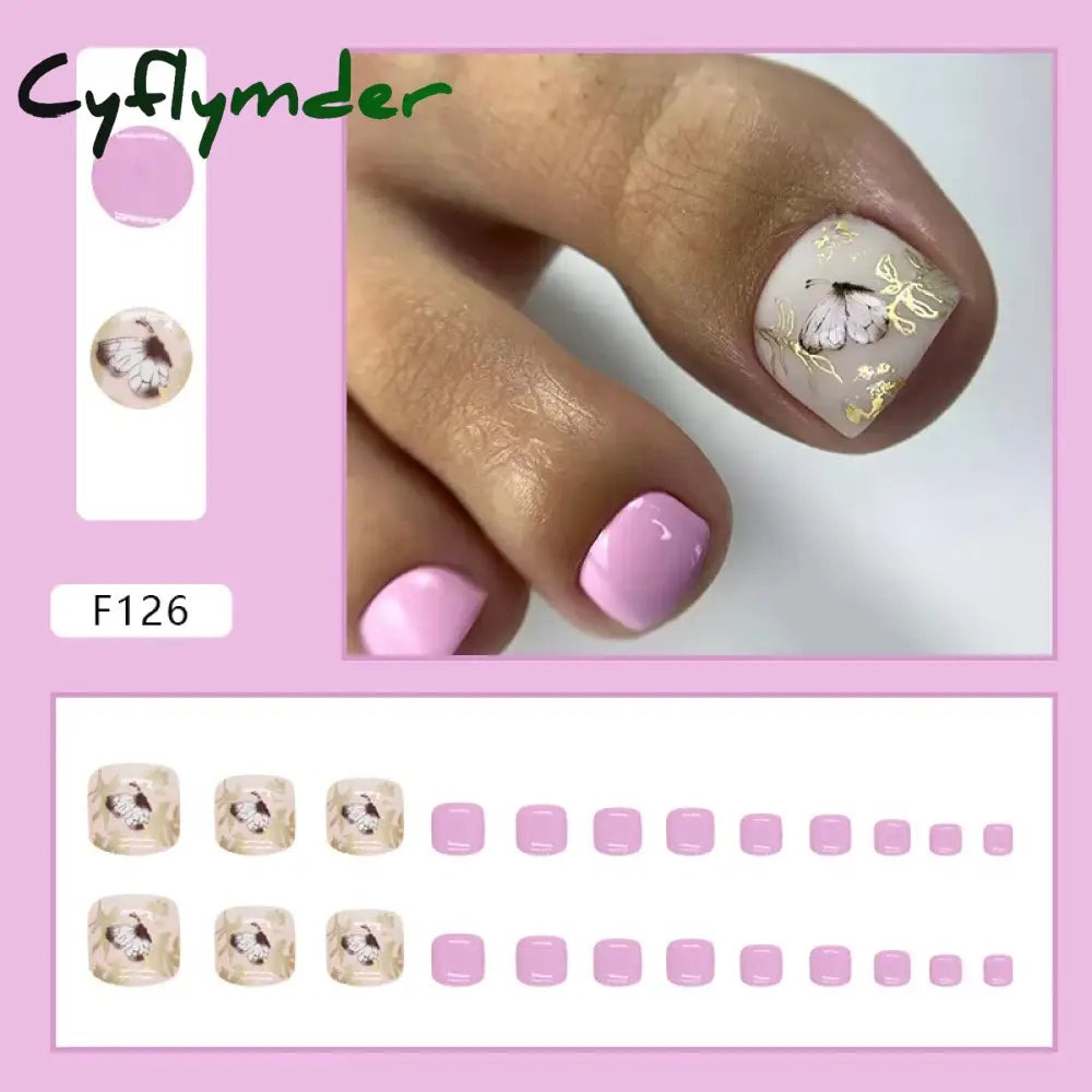 Cyflymder 24pcs Glitter Sequins Fake Toenails Simple Wearable False Toenails for Girls Women Acrylic Foot Nail Tips Full Cover Reusable