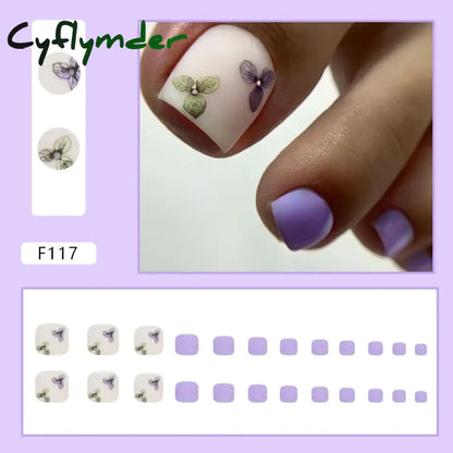Cyflymder 24pcs Glitter Sequins Fake Toenails Simple Wearable False Toenails for Girls Women Acrylic Foot Nail Tips Full Cover Reusable