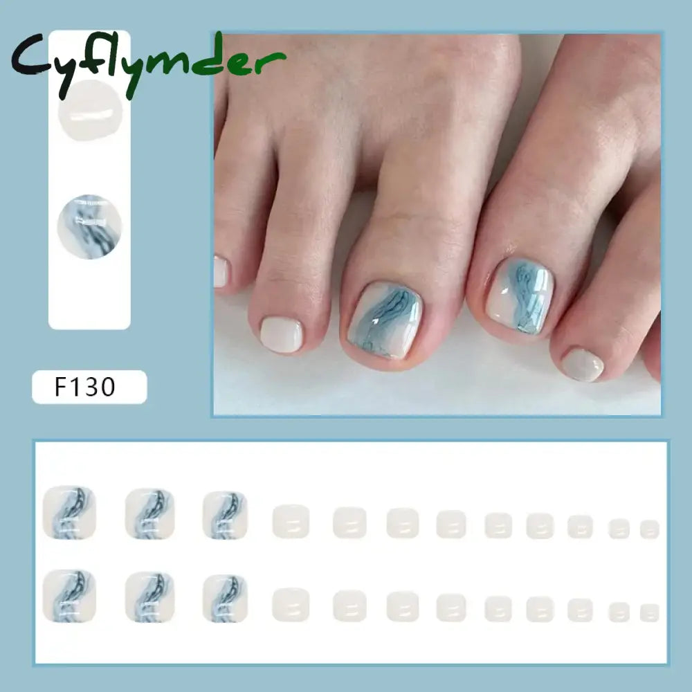 Cyflymder 24pcs Glitter Sequins Fake Toenails Simple Wearable False Toenails for Girls Women Acrylic Foot Nail Tips Full Cover Reusable