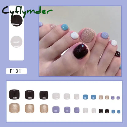 Cyflymder 24pcs Glitter Sequins Fake Toenails Simple Wearable False Toenails for Girls Women Acrylic Foot Nail Tips Full Cover Reusable
