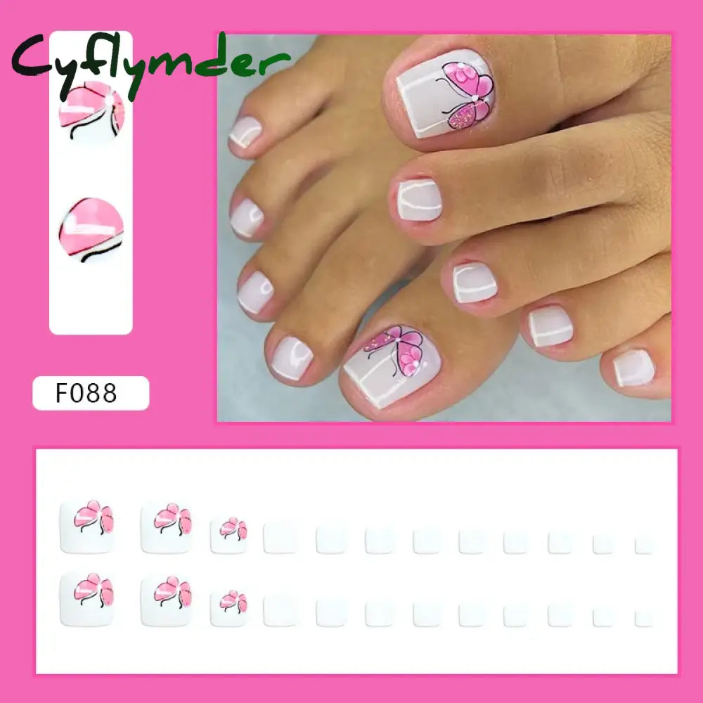 Cyflymder 24pcs Glitter Sequins Fake Toenails Simple Wearable False Toenails for Girls Women Acrylic Foot Nail Tips Full Cover Reusable