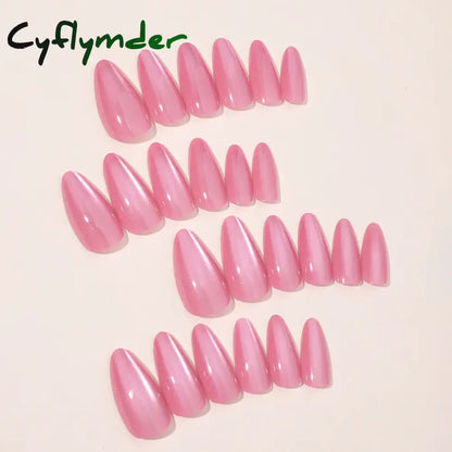 Cyflymder 24pcs Gradient Rose Pink False Nails Glossy Cat Eye Design Fake Nail Tips For Girls Women Almond Press On Nails Patch Wearable
