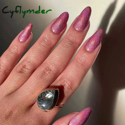 Cyflymder 24pcs Gradient Rose Pink False Nails Glossy Cat Eye Design Fake Nail Tips For Girls Women Almond Press On Nails Patch Wearable