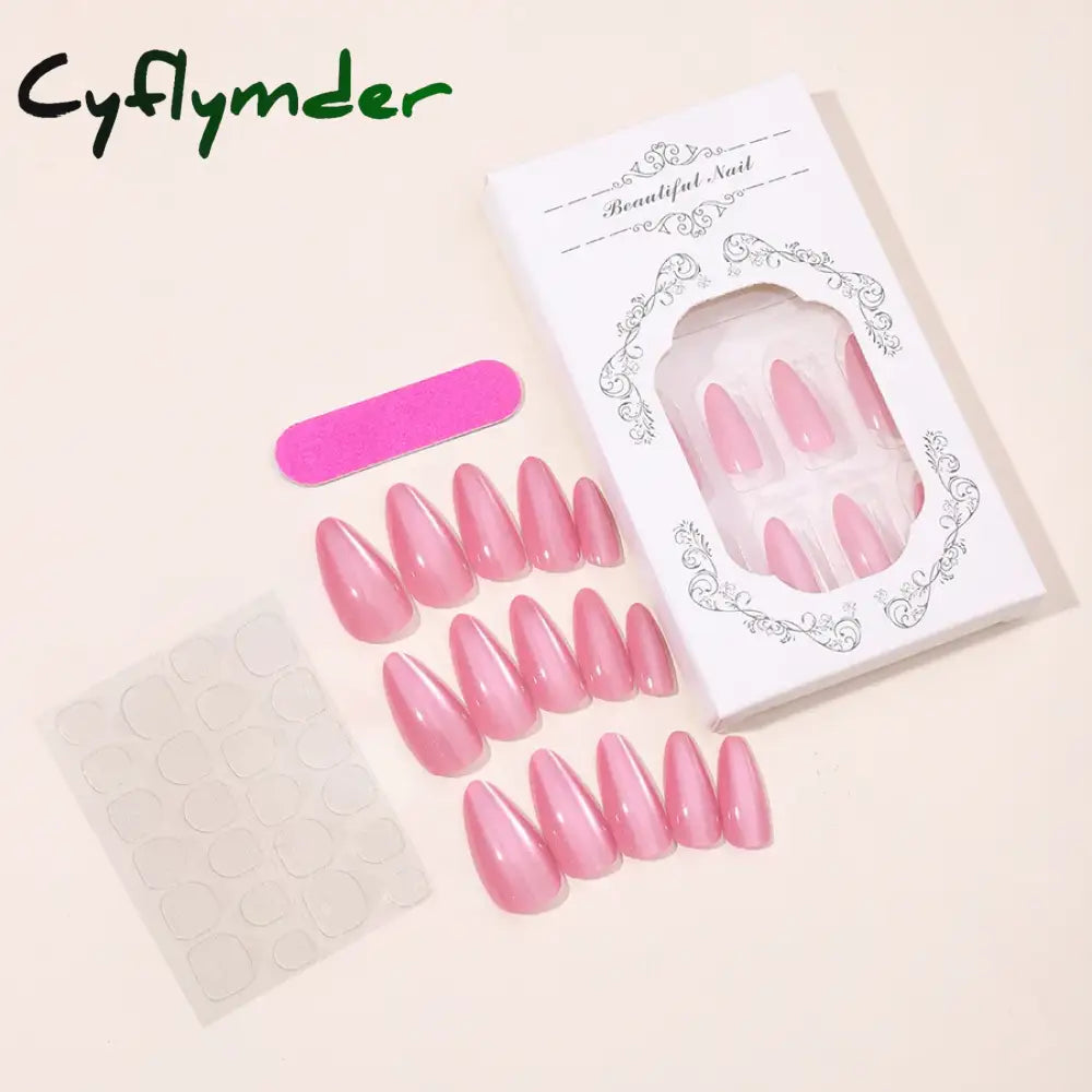 Cyflymder 24pcs Gradient Rose Pink False Nails Glossy Cat Eye Design Fake Nail Tips For Girls Women Almond Press On Nails Patch Wearable
