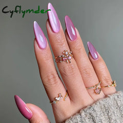 Cyflymder 24pcs Gradient Rose Pink False Nails Glossy Cat Eye Design Fake Nail Tips For Girls Women Almond Press On Nails Patch Wearable