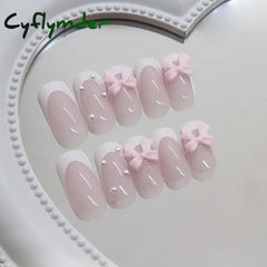 Cyflymder 24pcs Light Pink Press On Nails 3D Bowknots Designs False Nail Patches Wearable White French Style Fake Nail Tips Salon Art