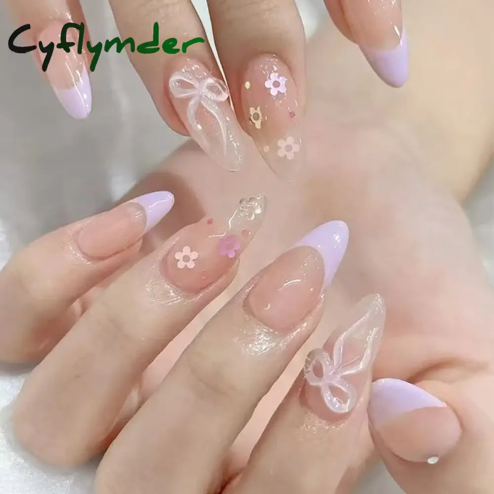 Cyflymder 24pcs Light Pink Press On Nails 3D Bowknots Designs False Nail Patches Wearable White French Style Fake Nail Tips Salon Art