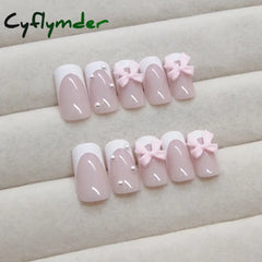 Cyflymder 24pcs Light Pink Press On Nails 3D Bowknots Designs False Nail Patches Wearable White French Style Fake Nail Tips Salon Art