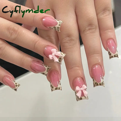 Cyflymder 24pcs Light Pink Press On Nails 3D Bowknots Designs False Nail Patches Wearable White French Style Fake Nail Tips Salon Art