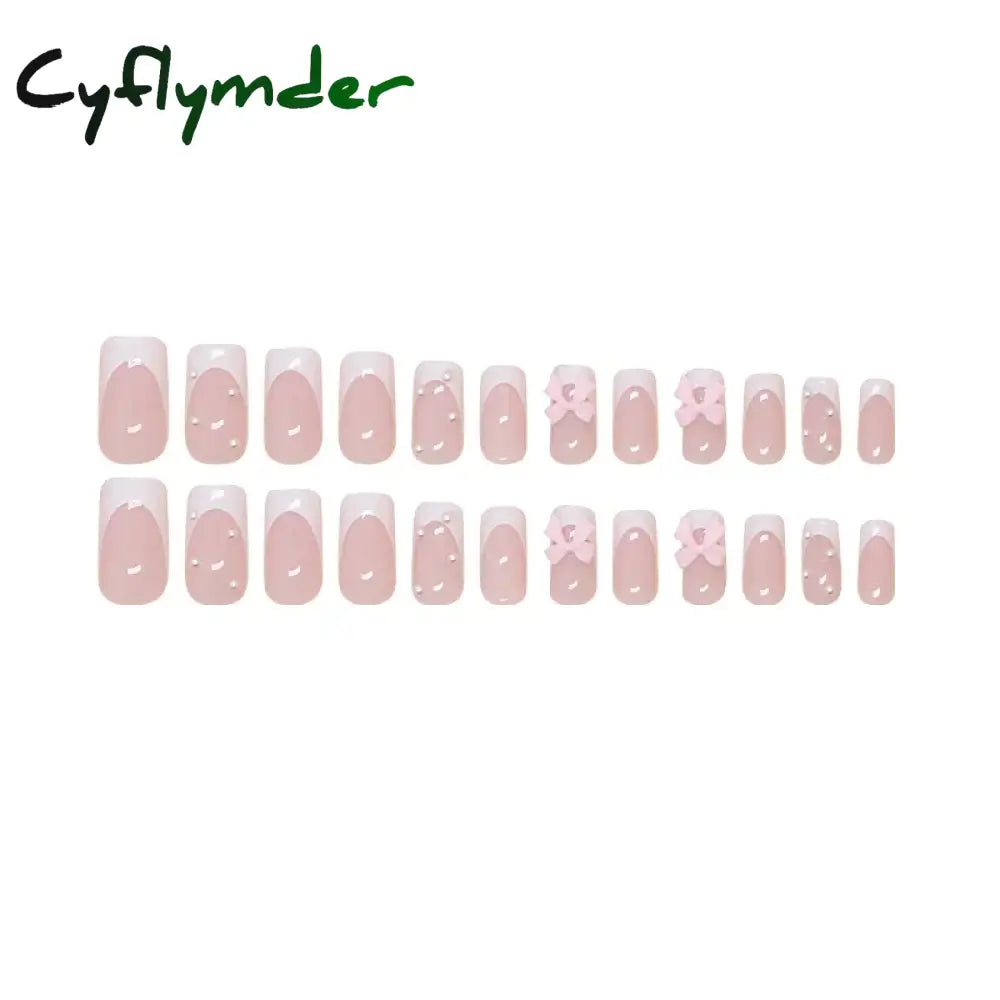 Cyflymder 24pcs Light Pink Press On Nails 3D Bowknots Designs False Nail Patches Wearable White French Style Fake Nail Tips Salon Art