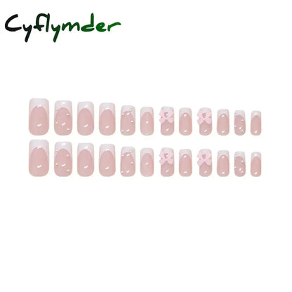 Cyflymder 24pcs Light Pink Press On Nails 3D Bowknots Designs False Nail Patches Wearable White French Style Fake Nail Tips Salon Art