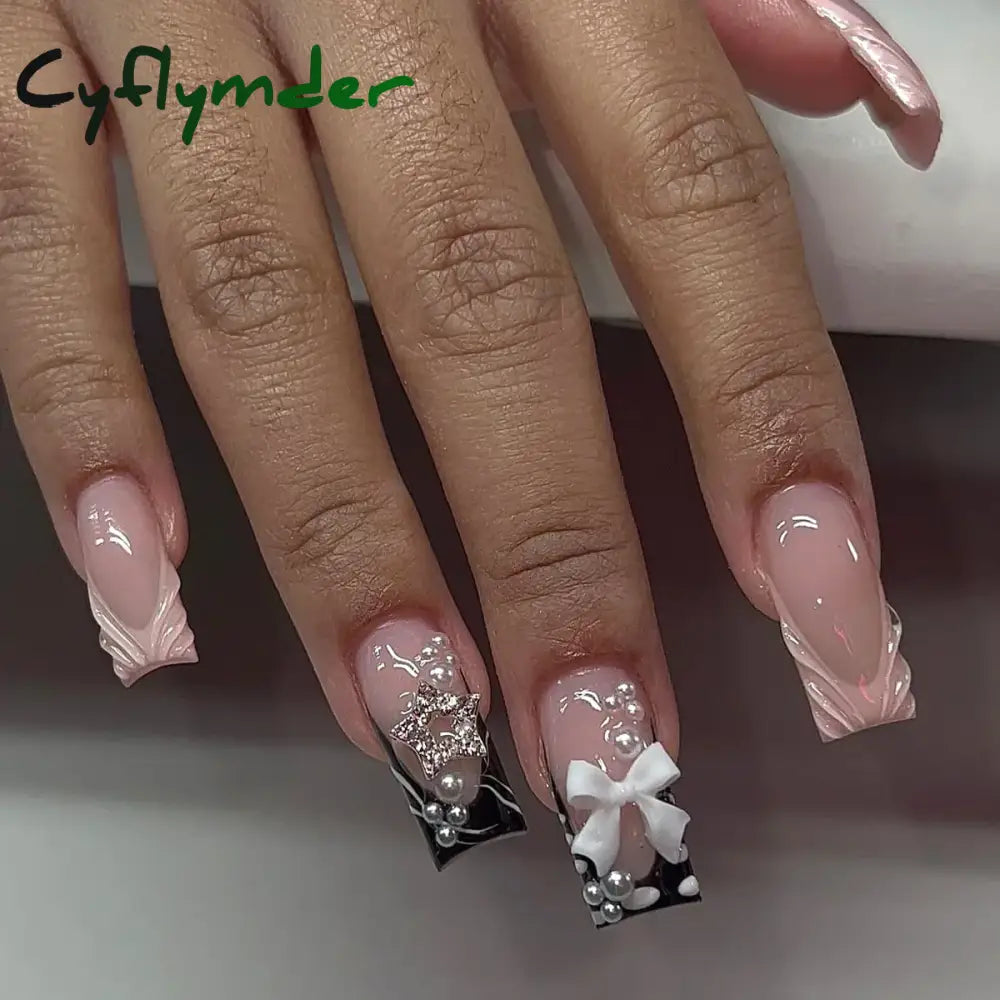 Cyflymder 24pcs Light Pink Press On Nails 3D Bowknots Designs False Nail Patches Wearable White French Style Fake Nail Tips Salon Art