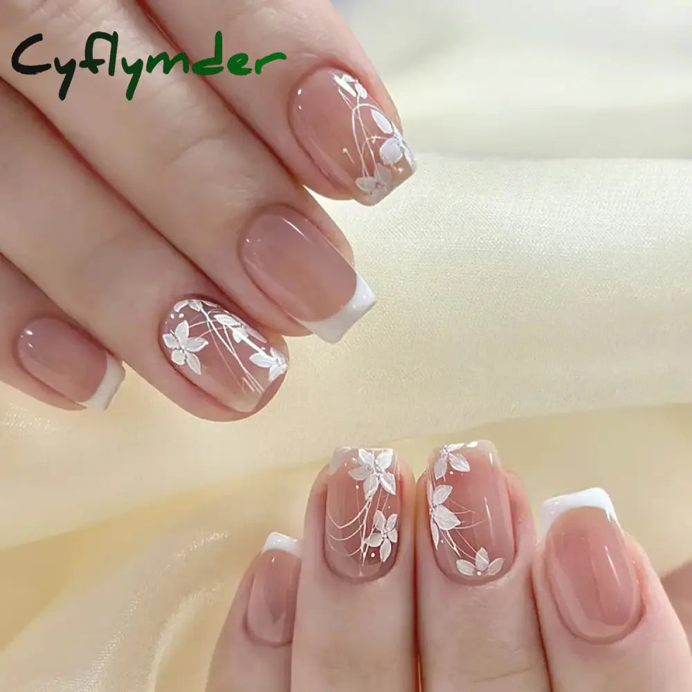 Cyflymder 24pcs Light Pink Press On Nails 3D Bowknots Designs False Nail Patches Wearable White French Style Fake Nail Tips Salon Art