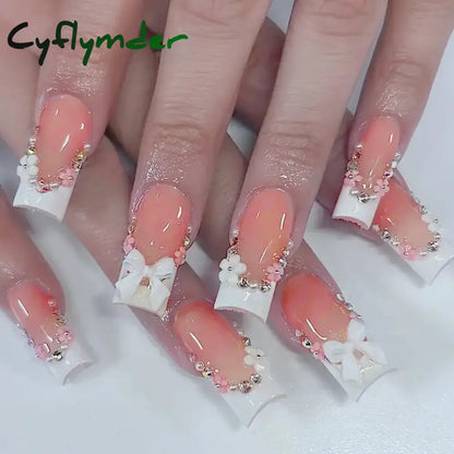 Cyflymder 24pcs Light Pink Press On Nails 3D Bowknots Designs False Nail Patches Wearable White French Style Fake Nail Tips Salon Art