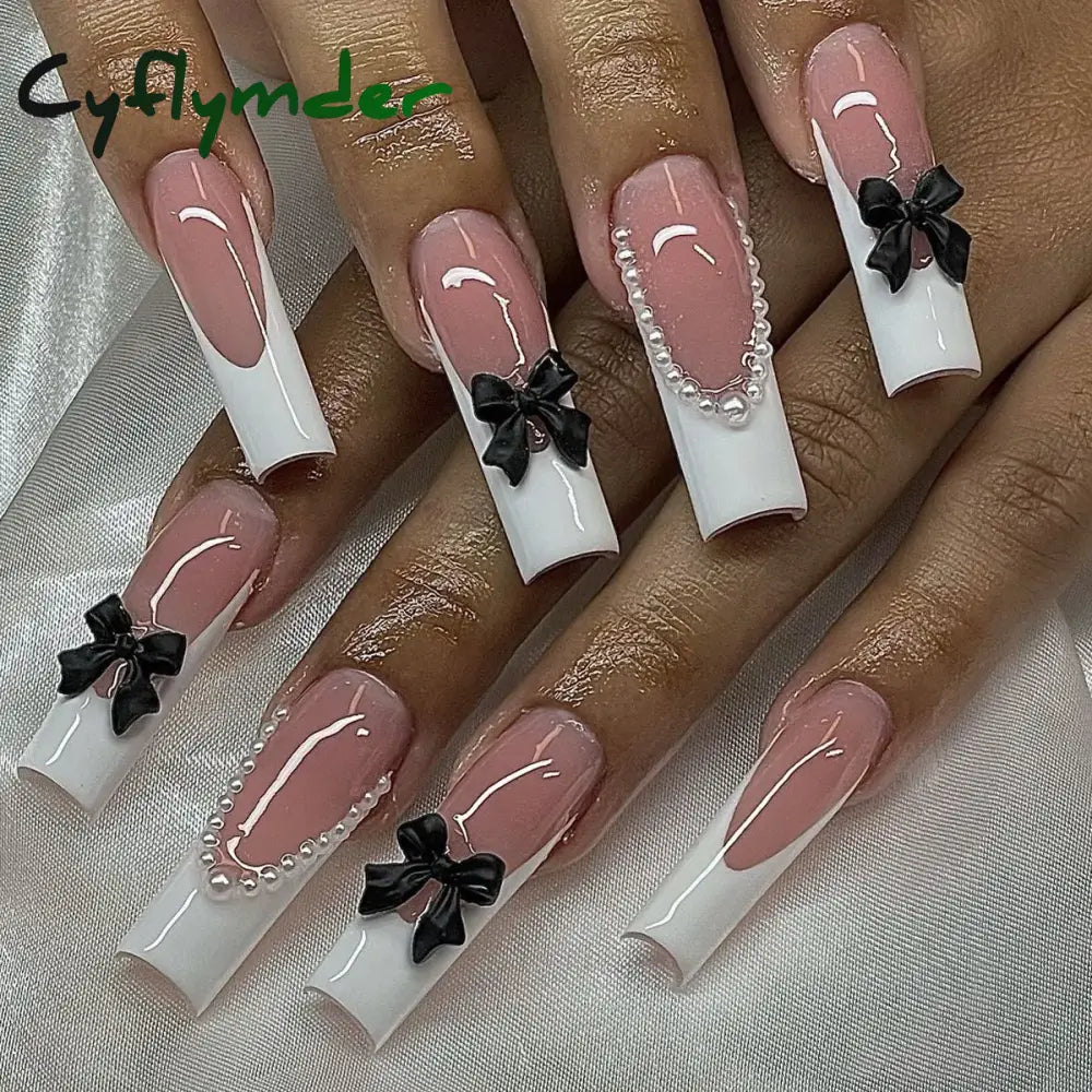 Cyflymder 24pcs Light Pink Press On Nails 3D Bowknots Designs False Nail Patches Wearable White French Style Fake Nail Tips Salon Art