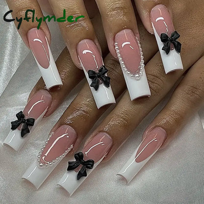 Cyflymder 24pcs Light Pink Press On Nails 3D Bowknots Designs False Nail Patches Wearable White French Style Fake Nail Tips Salon Art