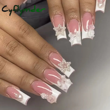Cyflymder 24pcs Light Pink Press On Nails 3D Bowknots Designs False Nail Patches Wearable White French Style Fake Nail Tips Salon Art