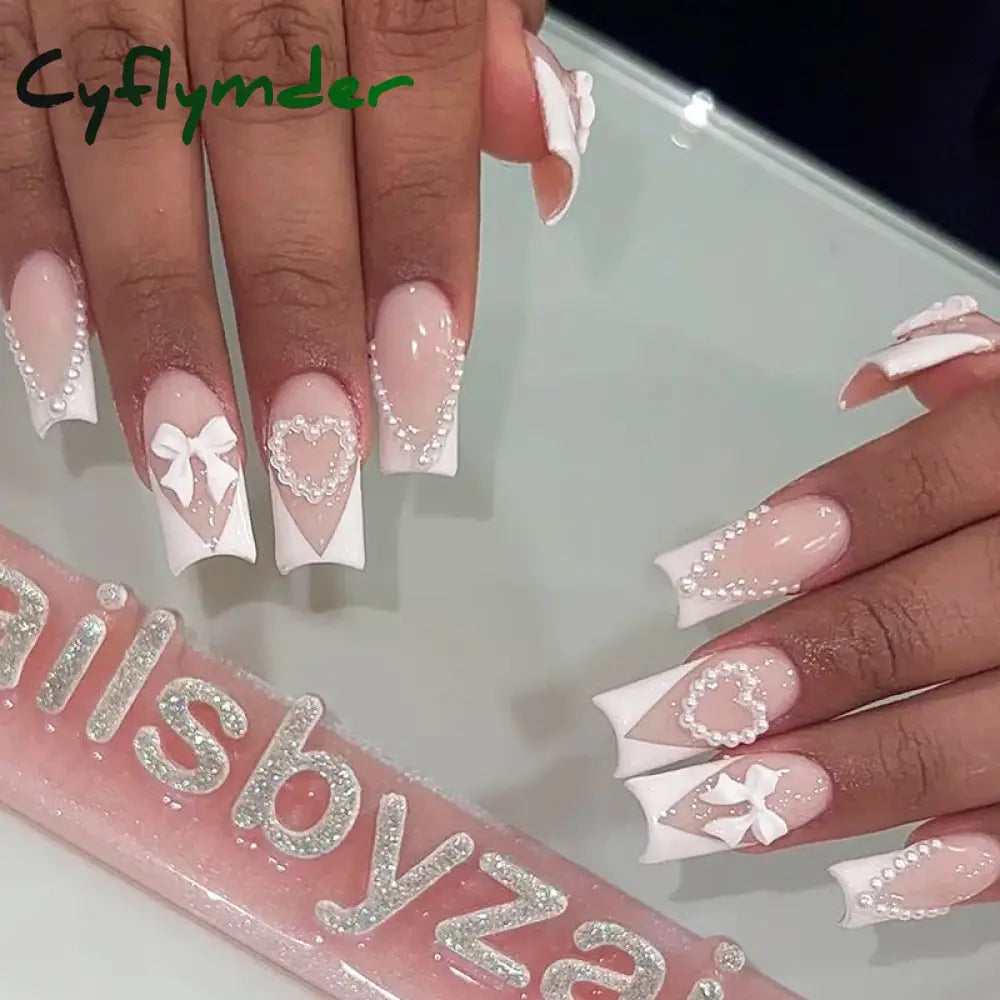 Cyflymder 24pcs Light Pink Press On Nails 3D Bowknots Designs False Nail Patches Wearable White French Style Fake Nail Tips Salon Art