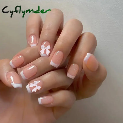 Cyflymder 24pcs Light Pink Press On Nails 3D Bowknots Designs False Nail Patches Wearable White French Style Fake Nail Tips Salon Art