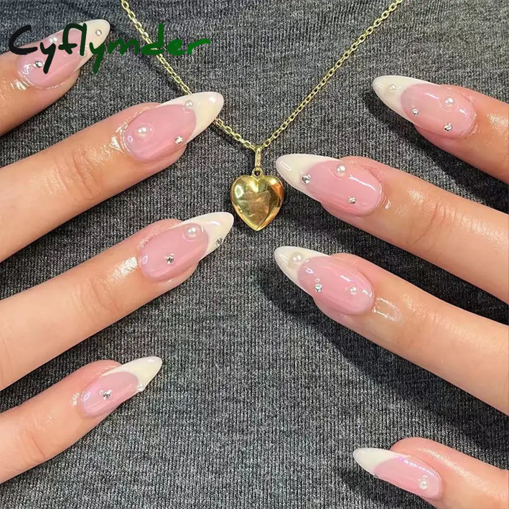 Cyflymder 24Pcs Long Almond Fake Nails with White Edge Design Wearable French Press on False Nails Simple Full Cover Nail Tips Manicure