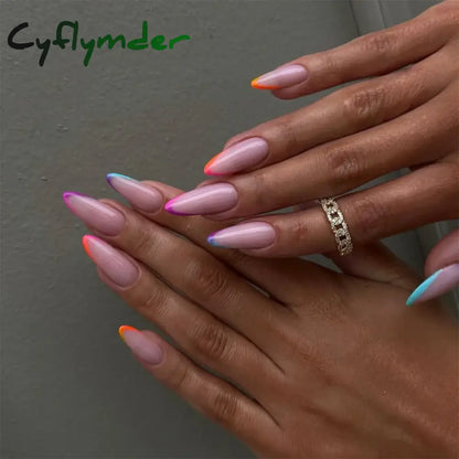 Cyflymder 24Pcs Long Almond Fake Nails with White Edge Design Wearable French Press on False Nails Simple Full Cover Nail Tips Manicure
