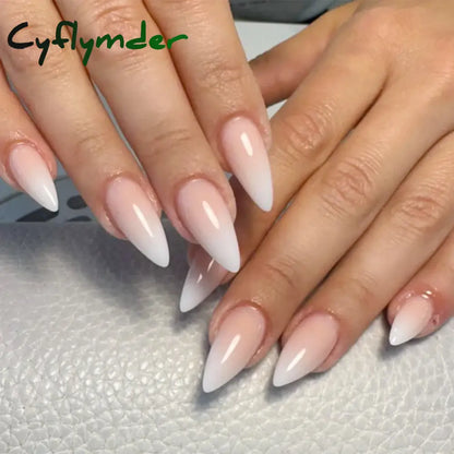 Cyflymder 24Pcs Long Almond Fake Nails with White Edge Design Wearable French Press on False Nails Simple Full Cover Nail Tips Manicure