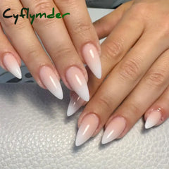 Cyflymder 24Pcs Long Almond Fake Nails with White Edge Design Wearable French Press on False Nails Simple Full Cover Nail Tips Manicure
