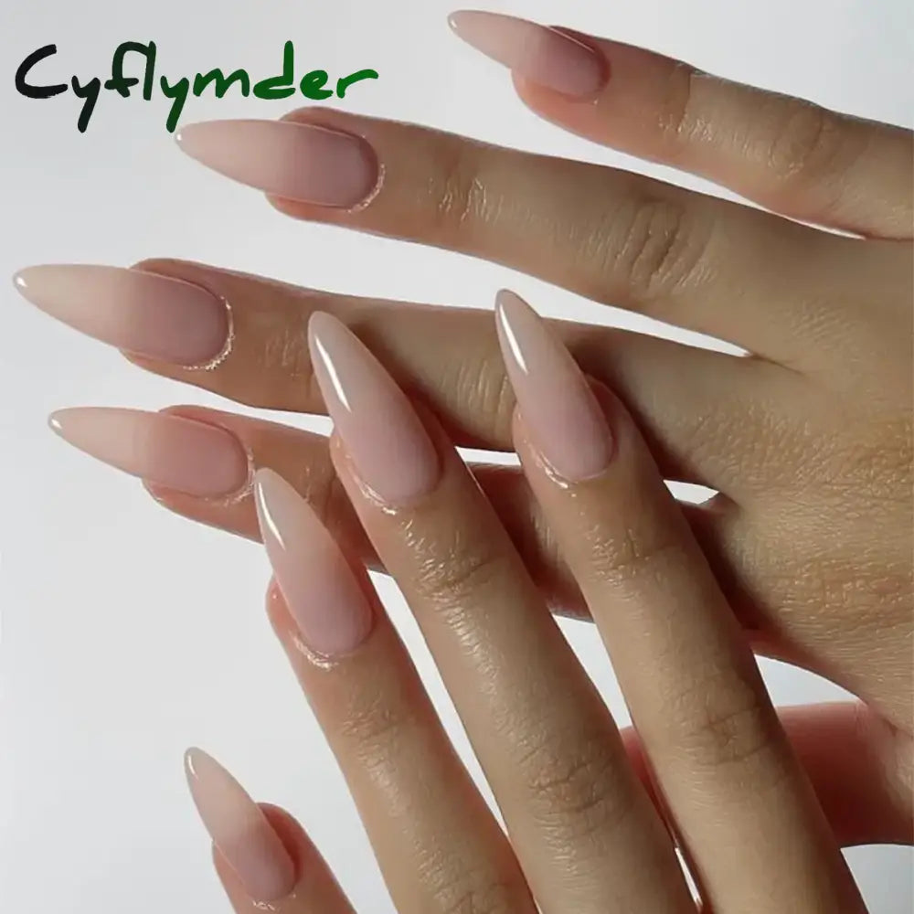Cyflymder 24Pcs Long Almond Fake Nails with White Edge Design Wearable French Press on False Nails Simple Full Cover Nail Tips Manicure