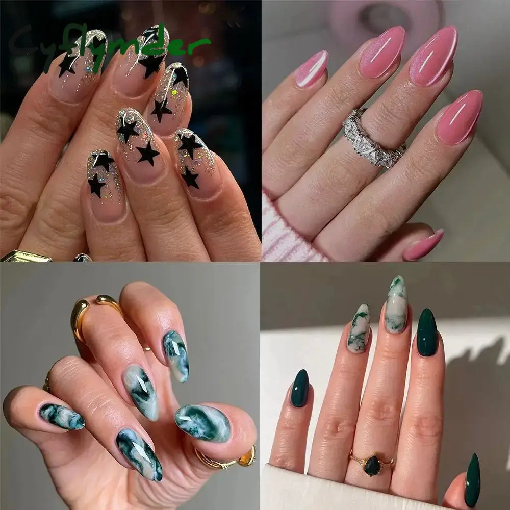Cyflymder 24pcs Long Almond False Nails French Rose Cat Eye Dark Green Swoosh Stars Press on Nails Fake Nails DIY Manicure Detachable